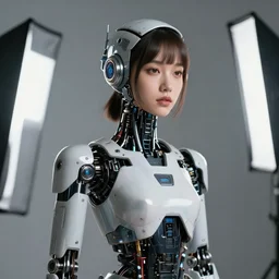 beautiful Fine art photography of a solarpunk half robot half human girl with real human face, rectilinear lights over body, highly detailed, photorealism, studio lighting 8k