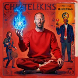 psychedelic telekinesis red artificer Jason Statham wearing crimson sweatshirt brandishes a blue fire orb levitating meditation norman ackroyd jim lambie greg rutkowski rothko tombow