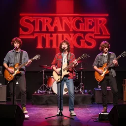 the cast of Stranger Things playing as a band on stage