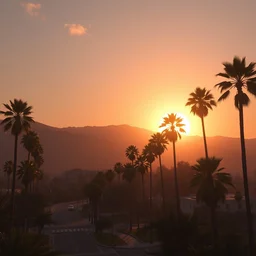 a unreal engine scene, los angeles, palms, sunset, concept art, hyperrealistic, trending on artstation, high quality, highly detailed, path traced, soft lighting, soft colors, digital art, 8 k hdr, octane render, unreal engine 5,