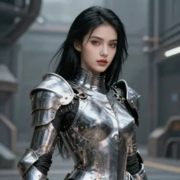 artistic portrait of a futuristic paladin wearing power armor, perfect fit body, long black hair, beautiful eyes and lips, industrial setting, art by artgerm and wlop and brom, highly detailed, 8 k, cinematic, mist, digital painting, sharp focus, illustration, masterpiece