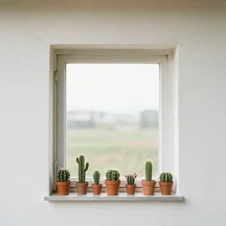 a window with on it's border small cactus in pot. by bouletcorp