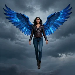 angel avan jogia with blue-feather wings. Leather jacket, boots and jeans. Wings with electric patterns. Floating in a stormy sky. Distant full body shot. Artwork by artgerm