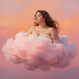 painting of a beautiful curvy woman who looks like a cloud, realistic, detailed, orange / pink sky, dreamy