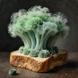 still life with fluffy, giant diaphanous green sponge - like mold raising out of an old bread. painting by henri fantin - latour, max ernst, agnes pelton, morandi, walton ford