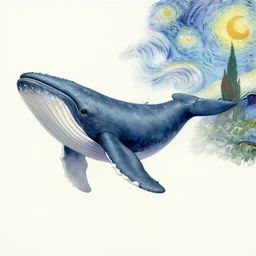 anatomically correct whale, aesthetically pleasing composition, watercolor painting by hayao miyazaki and vincent van gogh, masterful, sharp focus, rich texture, rich vivid color, dynamic, energetic, lively, perspective, elegant design, high detail, hdr.