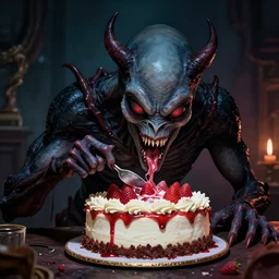 a terrifying alien demon, eating a cake