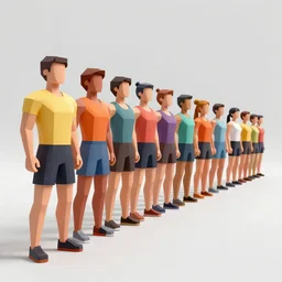 long row of various athletes on clean studio background, low poly art