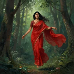 a women in red saree floating in forest. trending in artstation, matte painting, illusionism