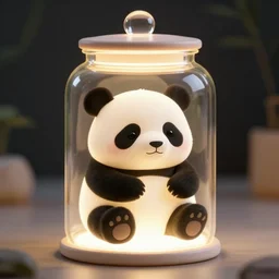 a cute panda inside the glowing jar