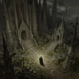 a ultra detailed matte landscape paining of the hunter from bloodborne exploring in anor londo, ultrawide lens, aerial photography, d & d, fantasy, intricate, elegant, highly detailed, digital painting, artstation, concept art, matte, sharp focus, illustration, art by greg rutkowski and rembrandt