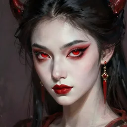 very attractive demon queen with red eyes painting by gaston bussiere, craig mullins, luis rollo, close - up portrait, digital painting, highly detailed, artstation, sharp focus, illustration, concept art, hd