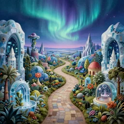 a whimsical elite masterpiece mysterious sci - fi fantasy realism matte painting of a winding path through arctic dream worlds with surreal landscape and horizon inspired by heironymous bosch's garden of earthly delights, surreal ice interiors by asher durand and cyril rolando and natalie shau, insanely detailed and intricate, elegant, northern lights, synthwave, cyberpunk