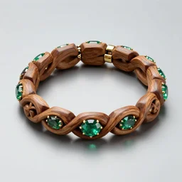 intricate wood bracelet with emeralds, product shot, golden ratio, realistic, render