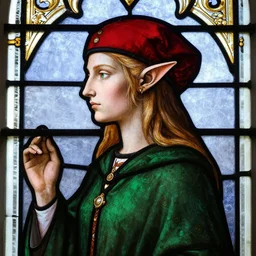 detailed side - view portrait of iorveth, an elf, green coat, red cap, tenth century stained glass window, very masterful