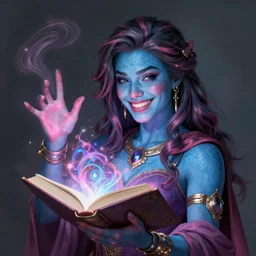 character concept portrait of an attractive young smirking Spanish wizard with powder-blue skin conjuring a confusion spell, a floating iridescent spell book in the center, intricate, elegant, digital painting, concept art, smooth, sharp focus, illustration, from Metal Gear, by Ruan Jia and Mandy Jurgens and William-Adolphe Bouguereau, Artgerm
