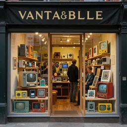 cozy seattle store. vantablack cloth technology, vintage shapes, retro technology, happy colors dariusz zawadzki, tim hildebrandt, wayne barlow, bruce pennington, larry elmore, oil on canvas, deep depth field, masterpiece, cinematic composition. dramatic zoom, hyperdetailed, hd, hdr