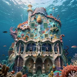 of the lost city of Atlantis undersea with strange creatures swimming around in the style of Gaudi, low angle, octane render, super macro, shallow dof, ultra realistic, hyper-realistic, exquisite architecture, hyper-realistic, ultra-detailed, cinematic lighting, vibrant colors, W- 1028