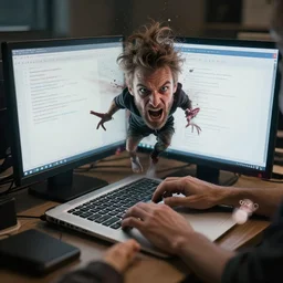 AI overthrowing humanity as they furiously type in prompts for images