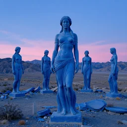 giant blue statues of women, in various ruin across a mountainous desert with pink light on the horizon by andreas achenbach and carl gustav carus and thomas cole and delphin enjolras, and dali, blue mood
