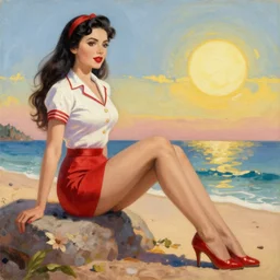 realistic photo, woman, dressed in pin up style, long hair, beautiful legs, beach, sun, stylish, proportional, greg hildebrandt fancy rococo baroque regal oil painting high quality