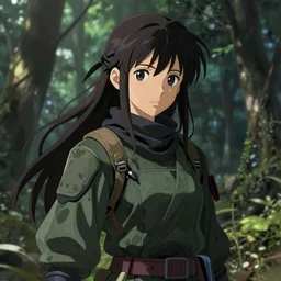 a beautiful girl with long dark hair, wearing a ninja uniform, forest background, intricate, highly detailed, digital painting, artstation, official media, anime key visual, concept art, rich vivid colors, ambient lighting, sharp focus, illustration, art by Artgerm, Makoto Shinkai, Ilya Kuvshinov, Lois Van Baarle, and Rossdraws