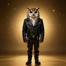 front of owl wearing black biker jacket, portrait photo, full body, backlit, studio photo, golden ratio, starry background