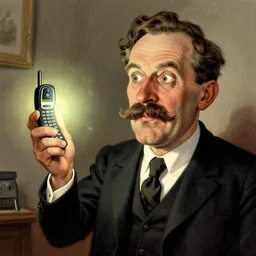 karl lauterbach holding up a glowing cell phone, 1 9 3 0 s political caricature, detailed and exaggerated
