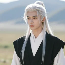 a portrait of a young handsome prince, white fringy hair, white shirt, black tunic, beautiful landscape, backlit, incredible lighting, strong rim light, highly detailed, digital painting, HDRI, by Heise Jinyao, Heise-Lian Yan Fang, Feimo, Richard Taddei, vivid colors, high contrast, 8k resolution, intricate, photorealistic