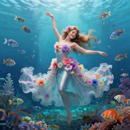 a fairy - like princess of the sea in a gorgeous dress decorated with colorful flowers, dancing happily surrounded by many marine creatures, playing with a school of fish, mermaid lagoon, highly detailed, digital painting, artstation, concept art, sharp focus