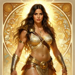 digital character concept art by artgerm greg rutkowski alphonse mucha sylvain sarrailh of salma hayek as a muscled barbarian fighter, perfect likeness, clear portrait, holy body! light effect. hyper detailed, glowing lights!! intricate, elegant, digital painting, artstation, smooth, sharp focus