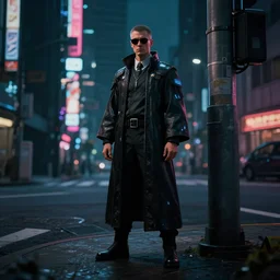 a cyberpunk judge stands on the corner of a neo-tokyo street, octane render, 8K, fov, ultra hd, trending on artstatio, dark dramatic digital art in the style of sparth