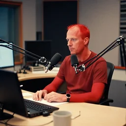 rackham the red sitting in podcast! studio, in the style of moebius