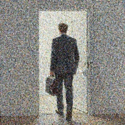 a man in a suit holding a briefcase coming out of an door that has an white room in it, Matte painting , detailed painting, greg rutkowski