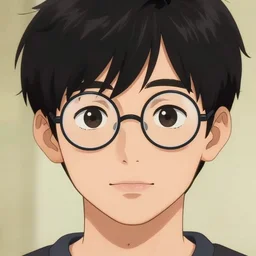 portrait of a cute nerdy young man with round glasses and black hair, anime portrait by beeple, trending on artstation, detailed face, defined chin