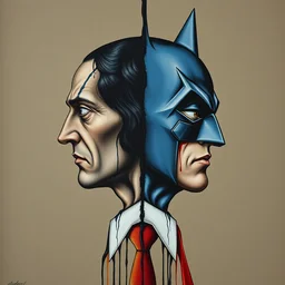 symmetrical bilateral half split portrait, saul goodman, batman, dripping paint
