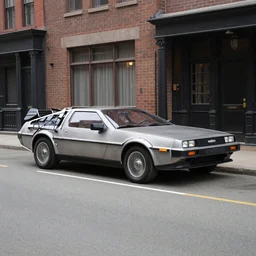 a delorean parked on the street, 1955, wide shot, panoramic
