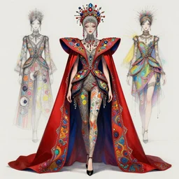 a female character design, full body, wearing high fashion, beads hanging over her face like an alexander mcqueen headdress, costume by eiko ishioka, haute couture, dior, and a red cape by moebius, steven outram, colourful and psychedelic, hd, 8 k, artstation, high quality, ultra detailed