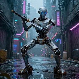 an old robot with wheel legs gripping a katana with a badass pose. Rainy Grungy neon cyberpunk alleyways in the background Badass pose , Photo realistic , Gregory Crewdson , Award winning. Masterpiece, exquisite detail, post processing