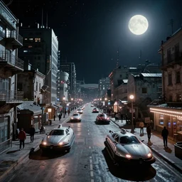 tens of plasma hovercraft vehicles on the street in a Russian cyberpunk slum city called Neo Norilsk on the Moon, at night, diverse, lively, black sky full of stars, blinding sun, sci-fi, photorealistic, grainy, 35mm, intricate, very very beautiful, elegant, smooth, cinematic, Unreal Engine 5, trending on Artstation HD