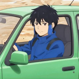 blue knight in a green hatchback car, close up, anime, desert landscape, greg manchess, akehiko inoue and ross tran, Pyromallis Nekro Rene Margitte, Murata, one punch man