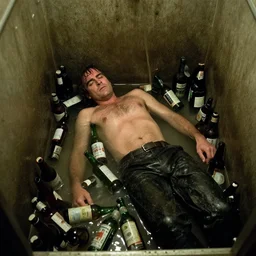 the top shot of the old dirty bathroom with old drunkard ( ( joaquin phoenix ) ) lying in many empty beer bottles in the water, still frame from the movie of gaspar noe with cinematography of christopher doyle, dark old dirty room, anamorphic, kodak film, sharp focus, realistic, 8 k