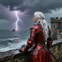 older woman with long white hair wearing red-painted knight's armor, standing on a castle wall in the rain, looking out at a stormy sea and distant sailing ships. Dramatic, lightning, cinematic. 4k
