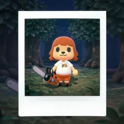 Isabelle from animal crossing standing in a dark real life forest, Polaroid, holding a chainsaw