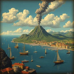 a retro illustration of a midcentury modern hieronymus bosch depiction of naples, volcano, boats, ultra realistic, hyper detailed, 4 k,