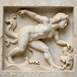 creature in a wave carved in stone ancient Greek sculpture , very detailed, very intricate