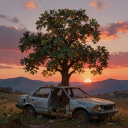 low angle shot of an oak tree growing inside a scrap car in the foreground. overgrown. soft golden red sunset over the mountains in the background. clouds. hyperrealistic, highly detailed, cinematic, beautiful, cgsociety, artstation, oil painting by greg rutkowski, by artgerm, by wlop