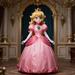 Princess peach, super mario, dramatic, elaborate emotive Baroque and Rococo styles to emphasize beauty as a transcendental, 8k image, ultra-realistic, the style of WLOP