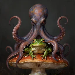 cthulhu octopus frog sitting on mushroom, highly detailed, digital painting, concept art, sharp focus, illustration, masterpiece, matte painting, glorious, unsettling, by lovecraft and greg rutkowski, luis royo and wayne barlowe, artstation