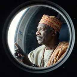 analogue photo of an Igbo tribal chief inside the orbiter of a space shuttle, looking at porthole window, close-up, colour, photo shot by martha cooper, 35mm,